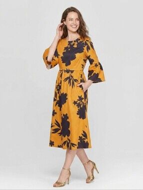 New Who What Wear Mustard Floral Midi Dress with Bell Sleeves Sz Size Large